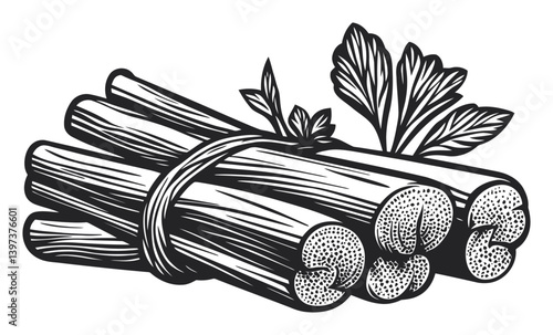 Stalks of Celery Tied with Twine Surrounded by Fresh Green Leaves