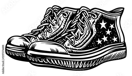 Classic High-Top Sneakers with Star Print Design Illustrated Art