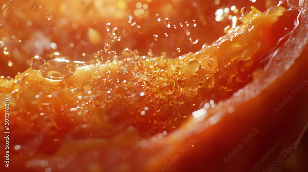 Close-up of a ripe tomato sliced in half, with seeds and juice glistening in the bright natural light Close-up of a ripe tomato sliced in half, with seeds and juice glistening in the bright natural light