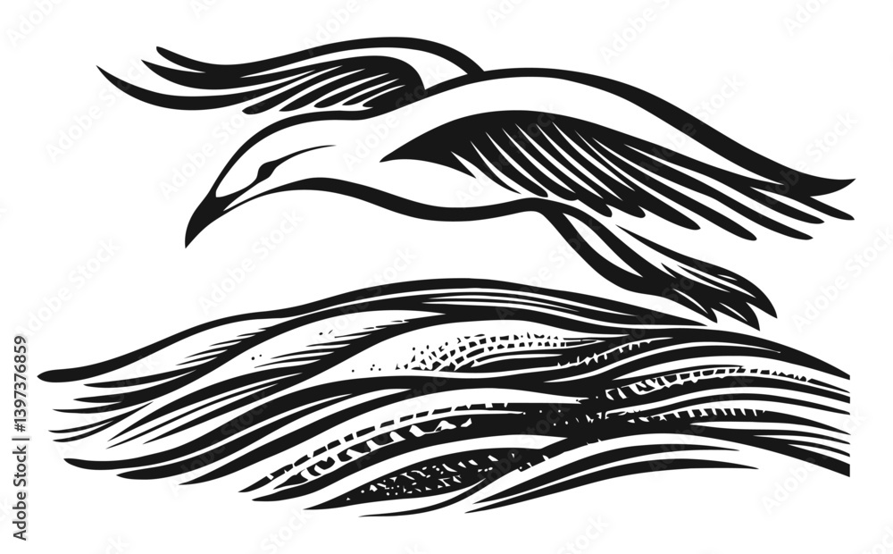 Elegant Bird Soaring Above Waves in Stylish Black and White Art Elegant Bird Soaring Above Waves in Stylish Black and White Art