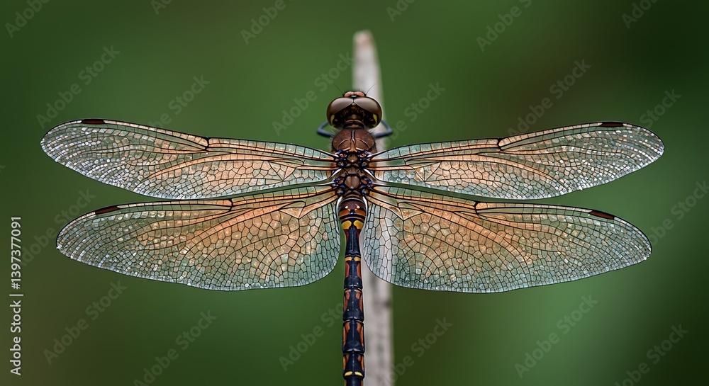Detailed Closeup of a Brown Dragonfly Perched on a Twig Against a Green Background Detailed Closeup of a Brown Dragonfly Perched on a Twig Against a Green Background