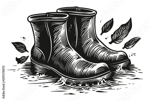 Classic Rubber Boots Splashing in Water with Falling Leaves
