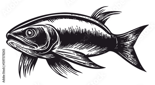 Black and White Artistic Illustration of a Detailed Fish Design