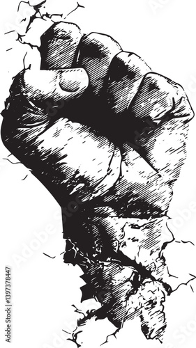Powerful fist breaking through cracked surface, symbolizing resistance