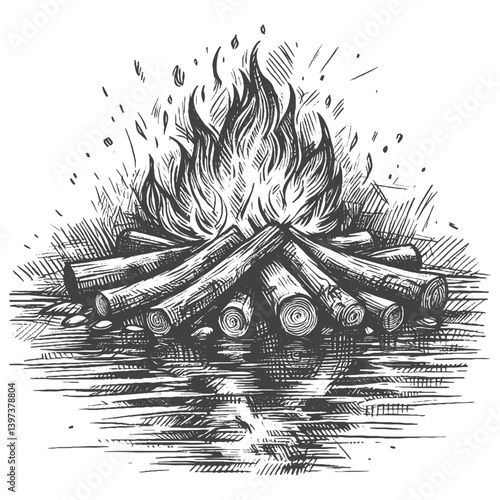 Hand-Drawn Campfire Vector – Sketch Style Outdoor Illustration for T-Shirts, Stickers, and Posters.