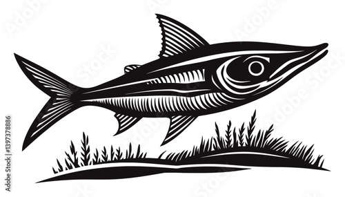 Elegant Black and White Illustration of a Freshwater Fish