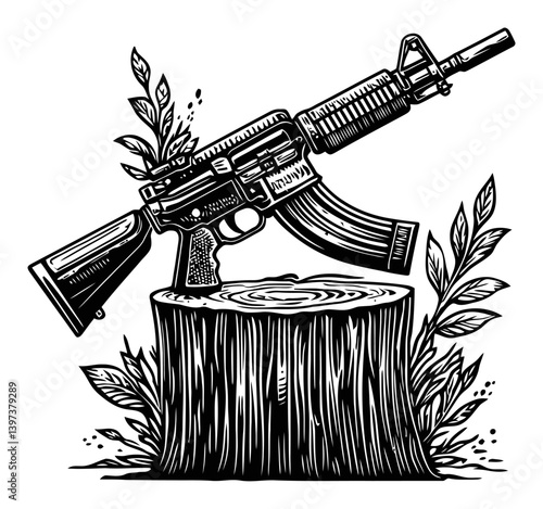 Engraved Illustration of a Rifle on a Wooden Stump Surrounded by Foliage