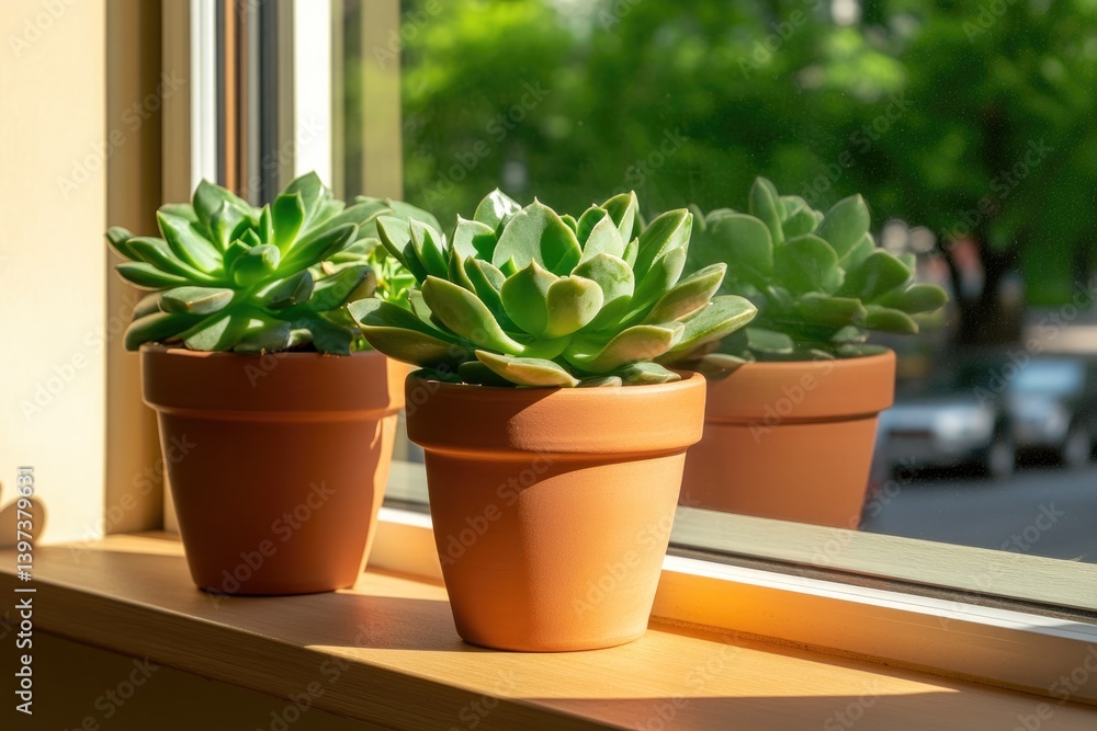 Obraz premium Bright succulents arranged in terracotta pots, basking in warm s