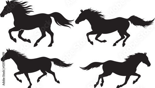 Running Horse Silhouette Set, vector illustration