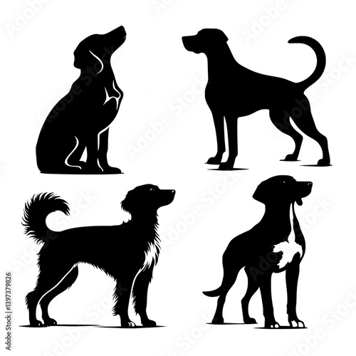 Black Vector Illustration of a Dog in Different Poses, Animal Art