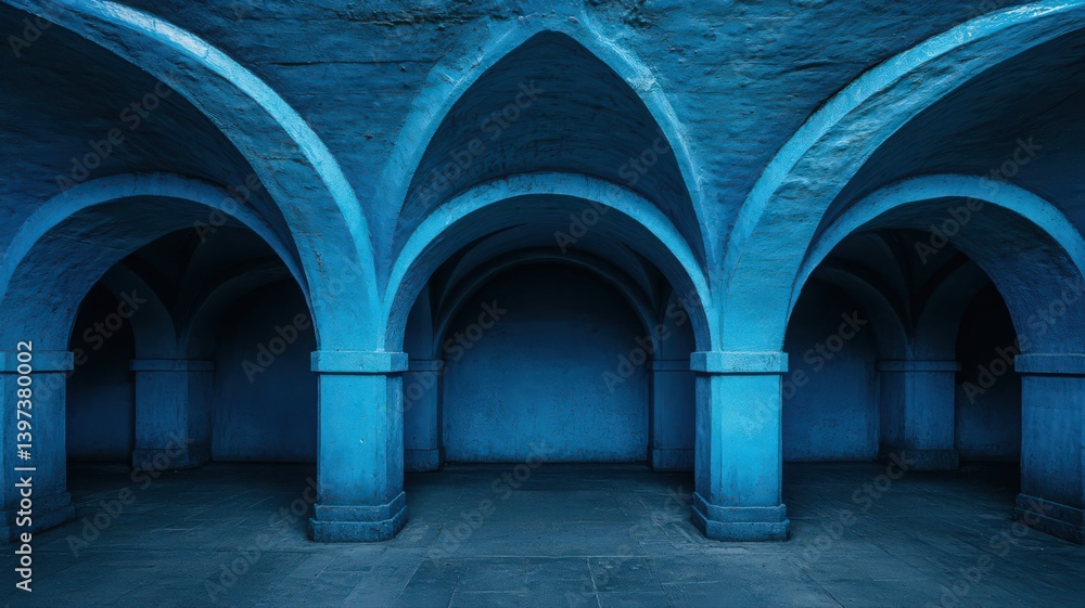 Fototapeta premium Symmetrical Blue Stone Arches in Underground Tunnel Featuring Rows of Vaulted Columns Old World Architecture and Textured Walls