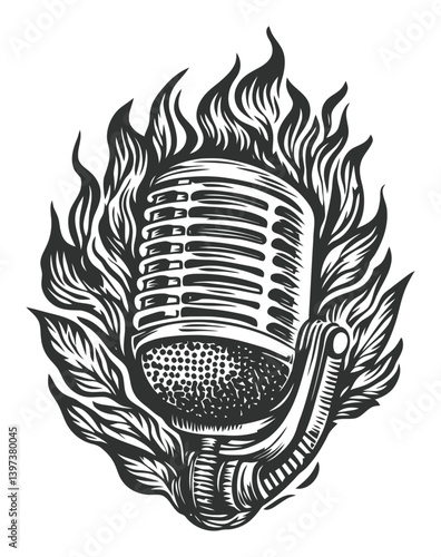 Vintage Microphone Surrounded by Flames and Leaves in Black and White