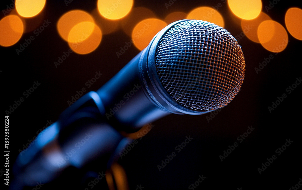 Obraz premium Stage Microphone: Close-up, Blue-lit, Bokeh Background