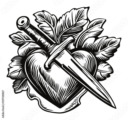 Dagger Piercing a Heart Surrounded by Leaves in Black and White Art