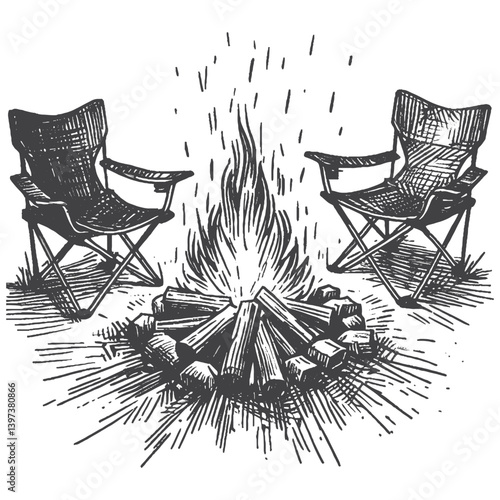Hand-Drawn Campfire Vector – Sketch Style Outdoor Illustration for T-Shirts, Stickers, and Posters.