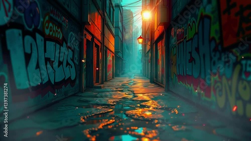 Vibrant urban alleyway with colorful graffiti, illuminated by street lamps, creating a moody atmosphere