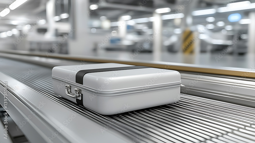 Silver suitcase travels along a conveyor belt in a bright modern industrial setting. Silver suitcase travels along a conveyor belt in a bright modern industrial setting.