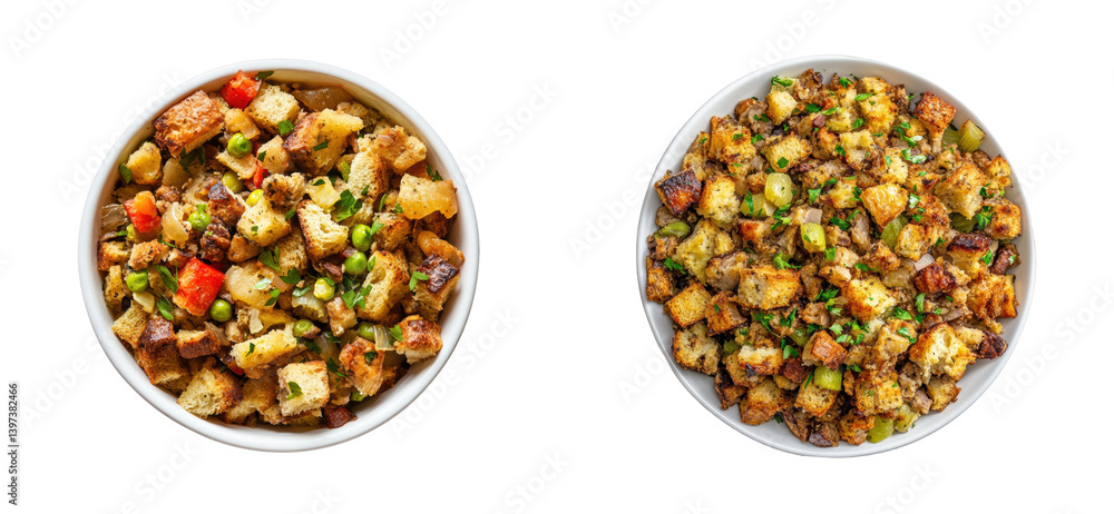 Delicious herb and vegetable stuffing in bowls for festive meals, cut out - stock png Delicious herb and vegetable stuffing in bowls for festive meals, cut out - stock png