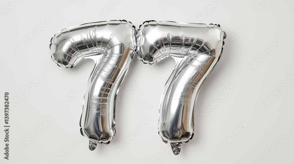 Silver foil balloon number seventy seven. Top view. Colored number on white background.
Silver foil balloon number seventy seven. Top view. Colored number on white background.