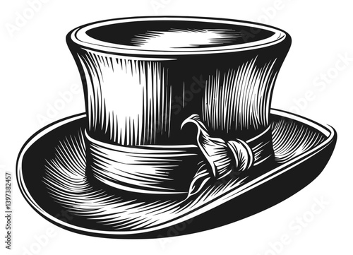 Vintage Top Hat with Ribbon in Classic Engraved Style Design