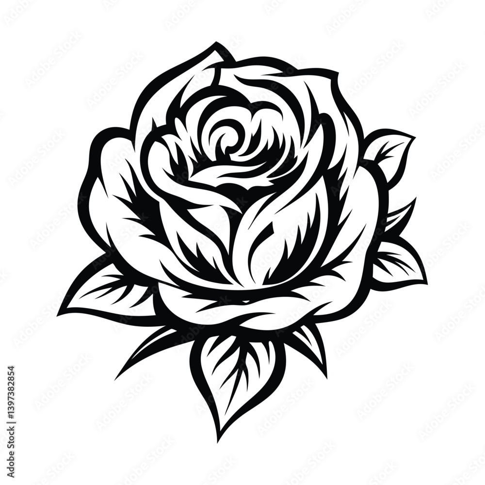 Bold Floral Ornate Rose with Detailed Petals in Black and White Design Bold Floral Ornate Rose with Detailed Petals in Black and White Design