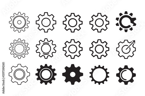 Gear icon vector set, mechanical gear shapes, engineering symbols, industrial machinery, sprocket designs