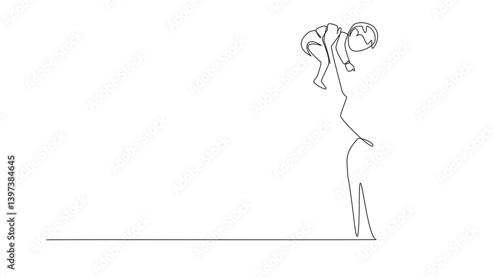 Animation of continuous one line drawing the mother lifts the baby with both hands above her head. Wanting to make the child laugh happily. Infinite happiness. Baby Day. Full length motion Animation of continuous one line drawing the mother lifts the baby with both hands above her head. Wanting to make the child laugh happily. Infinite happiness. Baby Day. Full length motion