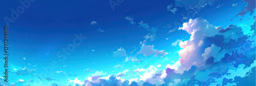 wide panorama of anime blue sky with white clouds