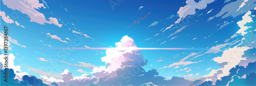 wide panorama of anime blue sky with white clouds