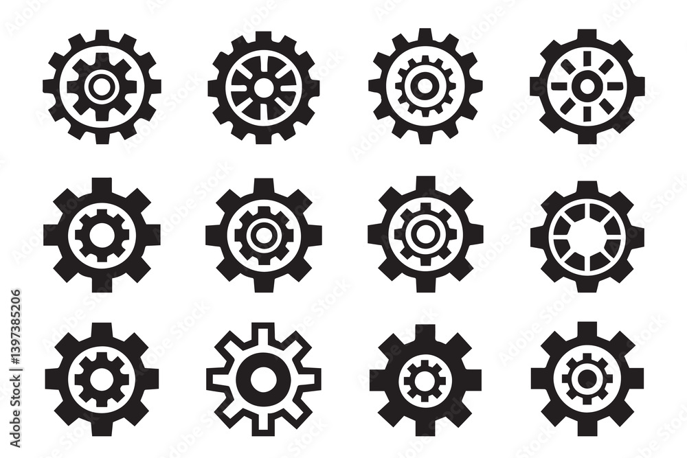 Gear icon vector set, mechanical gear shapes, engineering symbols, industrial machinery, sprocket designs Gear icon vector set, mechanical gear shapes, engineering symbols, industrial machinery, sprocket designs