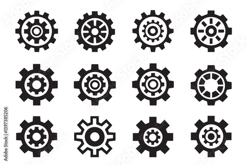 Gear icon vector set, mechanical gear shapes, engineering symbols, industrial machinery, sprocket designs