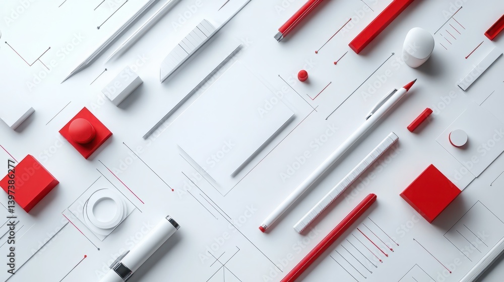Minimalistic Flat Lay of Red and White Stationery Items on a Clean Surface for Creative Workspaces Minimalistic Flat Lay of Red and White Stationery Items on a Clean Surface for Creative Workspaces