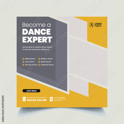 Dance learning school editable social media post, banner, ad template, social media square flyer or poster for dancing school web banner design