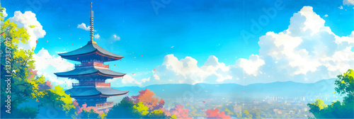 wide panorama view on chureito pagoda and blue sky with white clouds