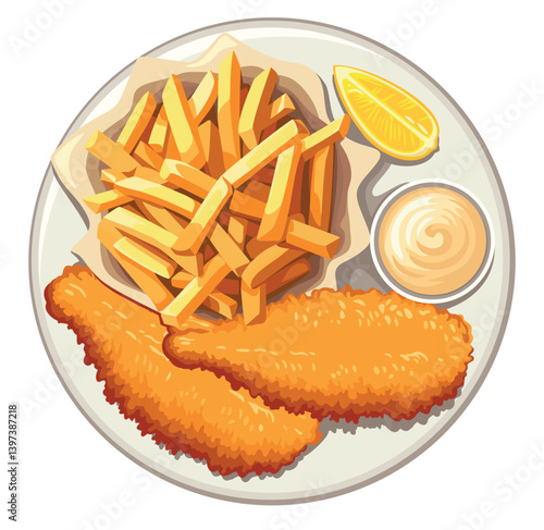Fish and Chips on a plate served with tartar sauce. Vector illustration