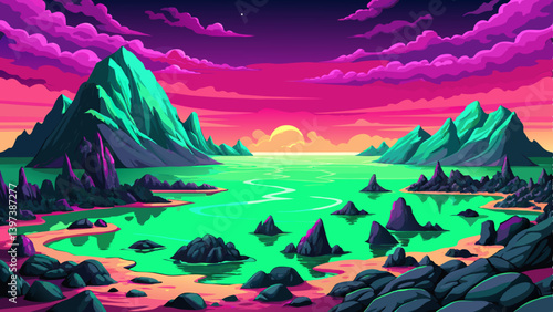 Alien black volcanic beach meeting an emerald green ocean under a magenta sky, mysterious landscape