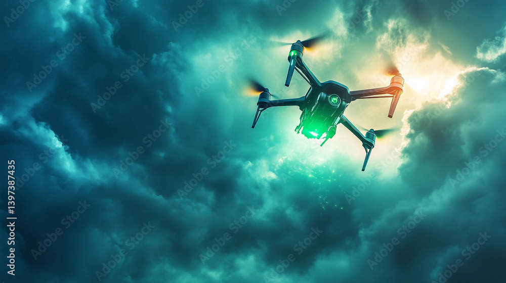 Futuristic cobalt blue drone flies through dramatic, cloudy sky during twilight, showcasing advanced technology and design innovation Futuristic cobalt blue drone flies through dramatic, cloudy sky during twilight, showcasing advanced technology and design innovation