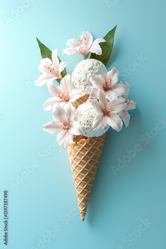 Ice cream cone with flowers on pastel blue background 