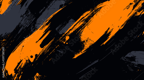 A flat vector graphic background of orange and dark grey grunge lines on a black background