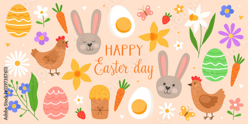 Collection of colorful cute illustrations for Easter day. Bunnies, spring flowers, Easter eggs, chickens and carrots.