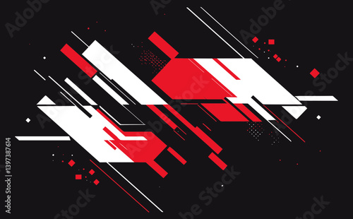 Vector illustration of abstract futuristic simple shapes in red and white on a black background