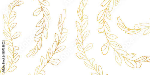 Flowers and leaves on white isolated background. Pattern with golden gradient. Vector. Shiny metal. Hand drawn. Botanical silhouette. Decorations for wedding invitations. Tattoo wreaths.