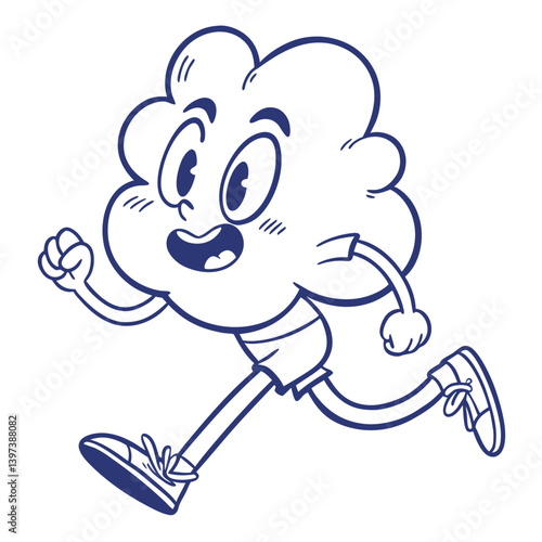 Cartoon Cloud Mascot Jogging, Running. Happy Face, Sneakers. Navy Line Art Style