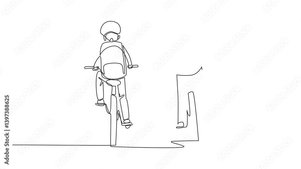 Animated self drawing of single one line drawing rear view of a boy and a girl riding a bicycle side by side. Be aware of safety while biking. National Bike to School Day. Full length animation Animated self drawing of single one line drawing rear view of a boy and a girl riding a bicycle side by side. Be aware of safety while biking. National Bike to School Day. Full length animation