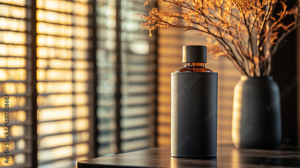 Fototapeta premium Elegant premium bottle holder in textured slate gray enhances the aesthetic of a cozy indoor setting during golden hour