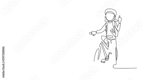 Wallpaper Mural Self drawing animation continuous one line drawing girl stands on bicycle with one hand forms thumbs up gesture. Pumping up adrenaline for knowledge. National Bike to School Day. Full length animated Torontodigital.ca