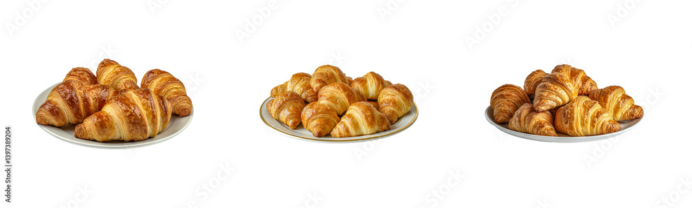Plates of freshly baked croissants in a row, cut out - stock png Plates of freshly baked croissants in a row, cut out - stock png