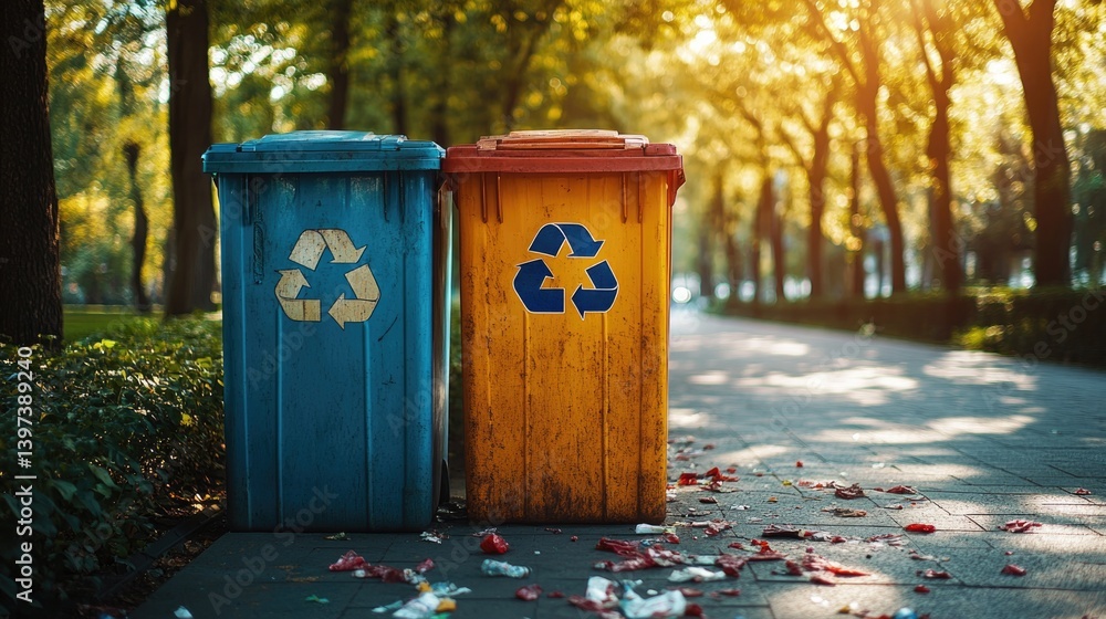 Obraz premium Recycling bins stand in sunlight, surrounded by autumn leaves an