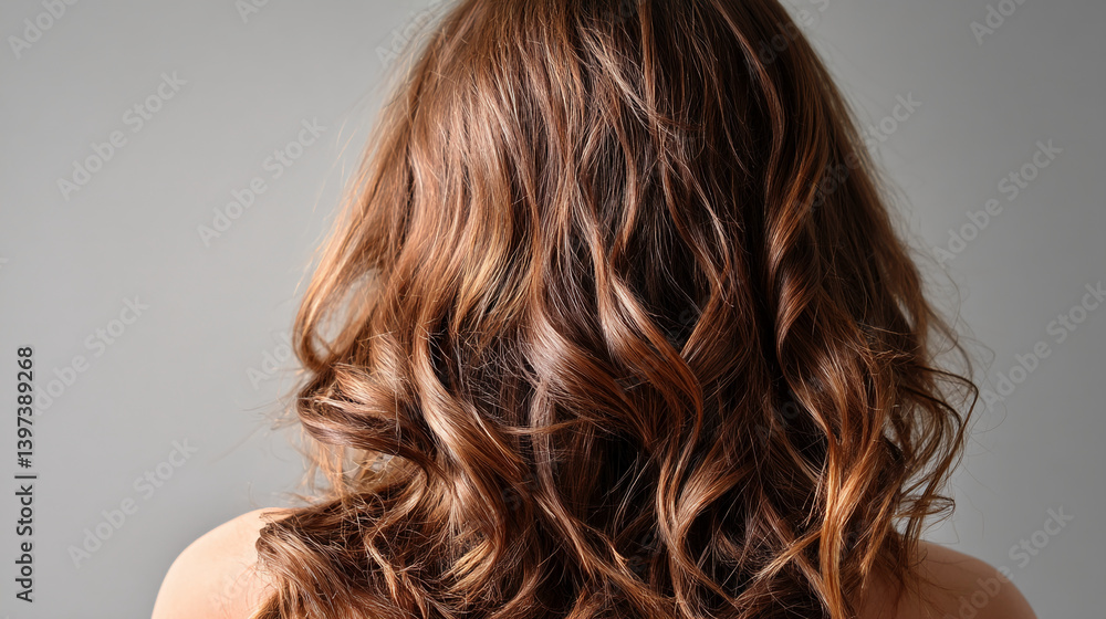 Fototapeta premium Close-up view of brown wavy hair from behind, showcasing texture and volume Free space for text or logo, ideal for haircare or beauty advertisements
