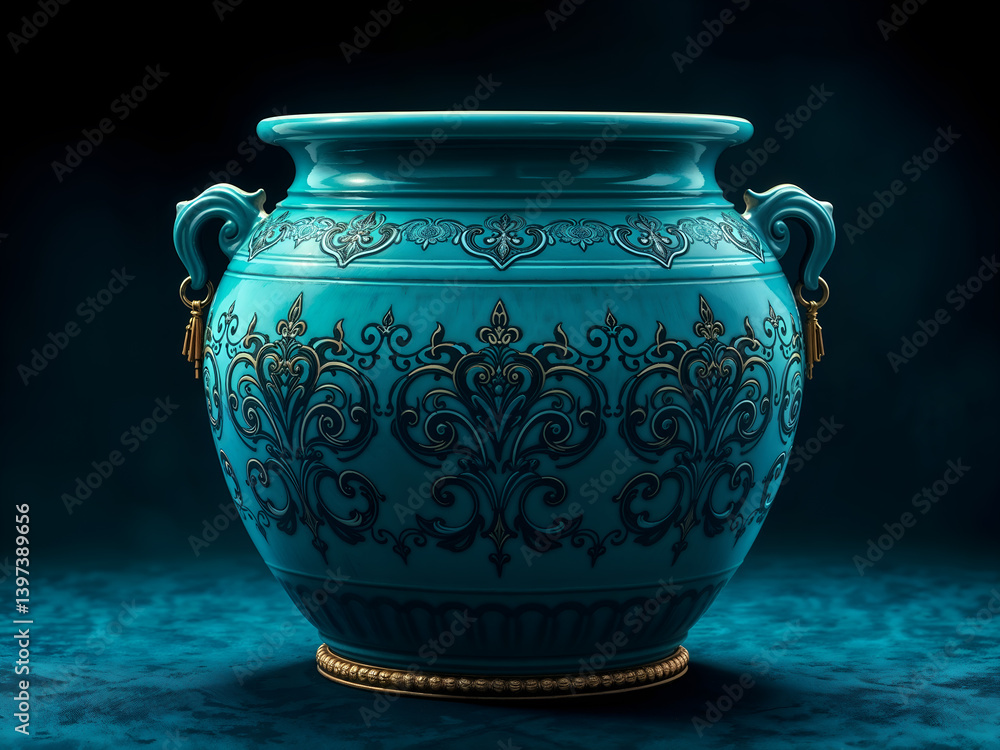 Vintage turquoise ceramic pot with bronze detailing, perfect for elegant or historical themes. Generative AI